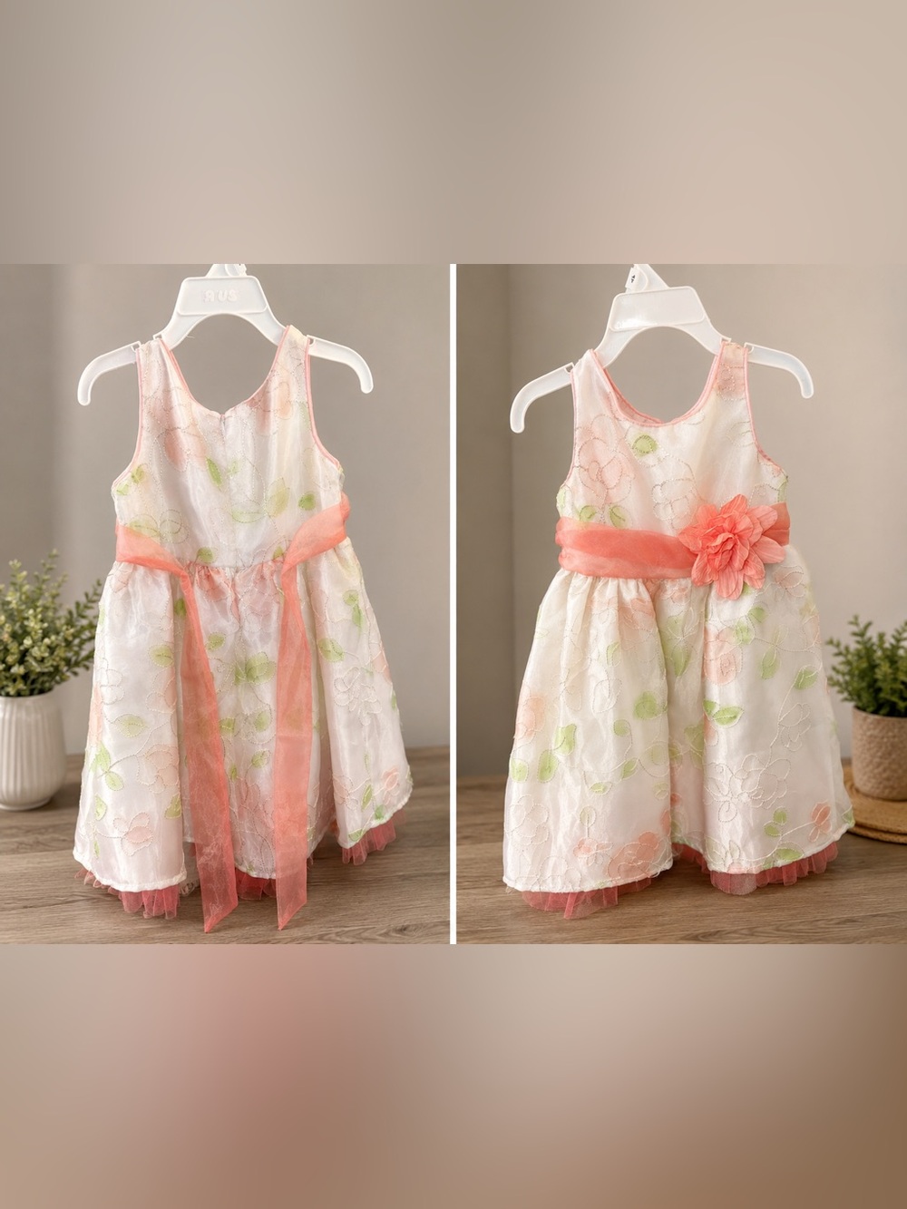 Sweet Heart Rose White Floral Dress with Peach Sash